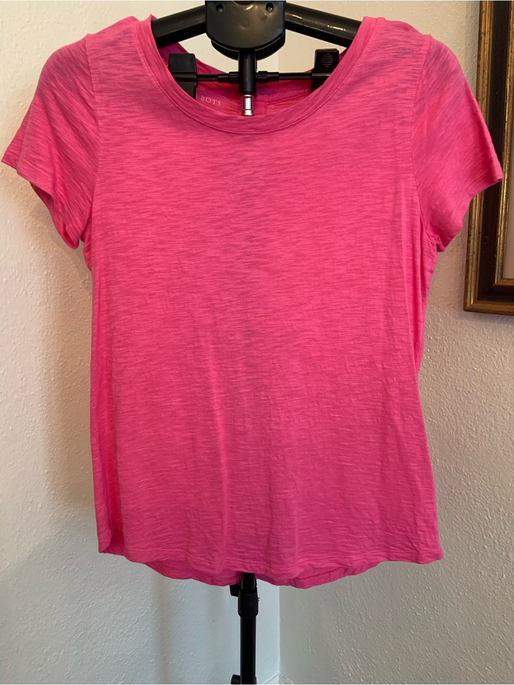 Talbots Short Sleeve Crewneck Tee in Bright Pink with buttons on the back